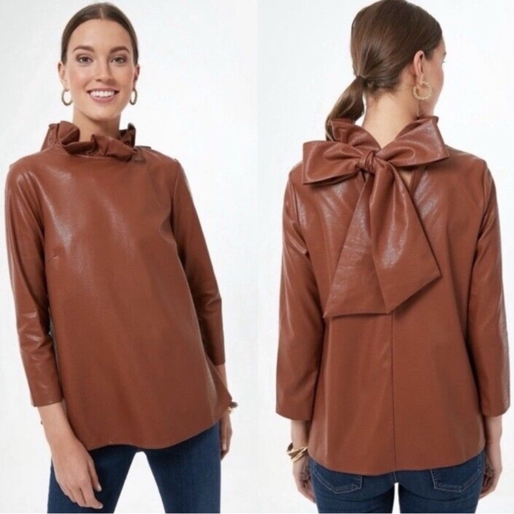 Tuckernuck Cognac Brown Faux Leather Faye Blouse Top High Neck Ruffle Bow Tie